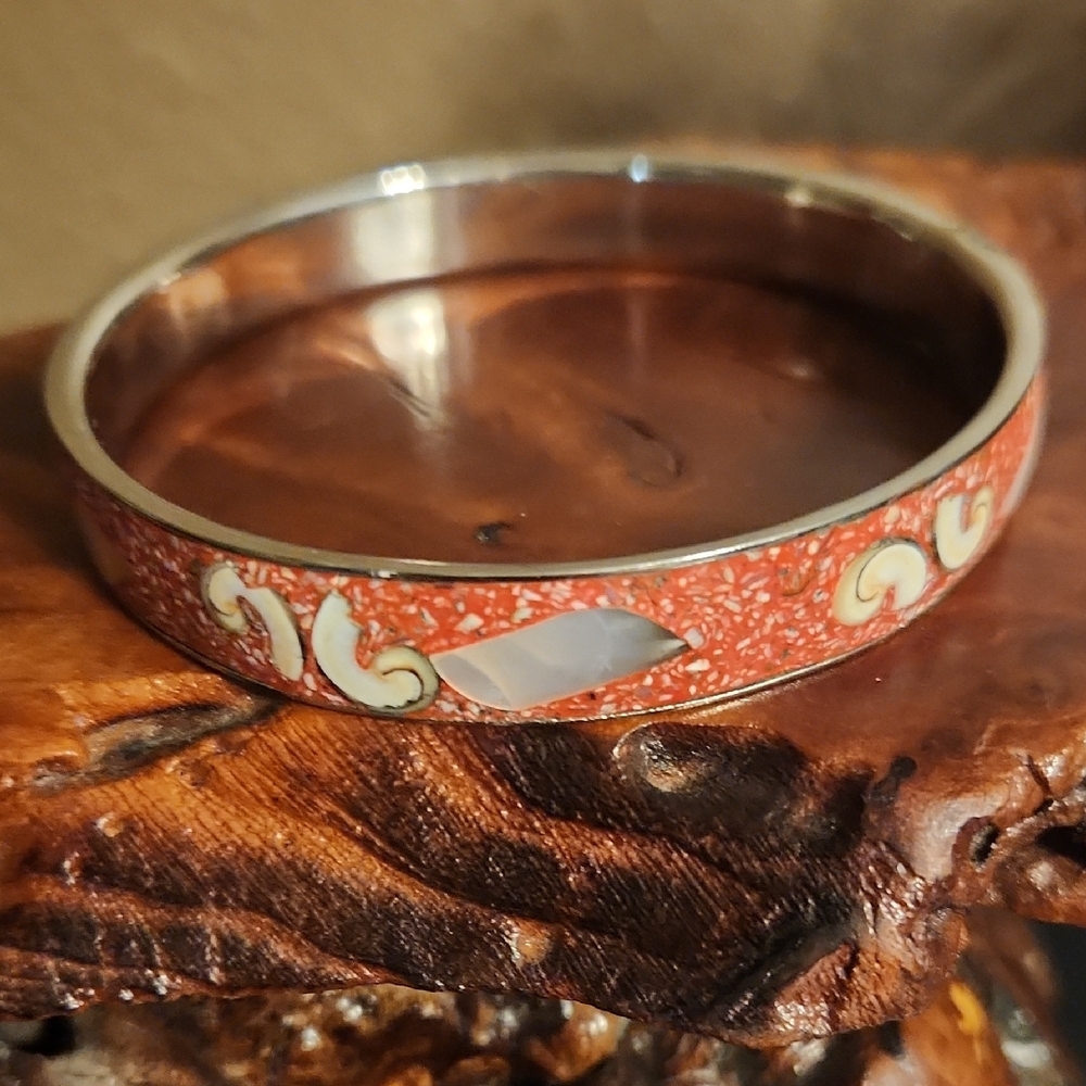 Inlaid Shell Silver Bangle Bracelet EUC